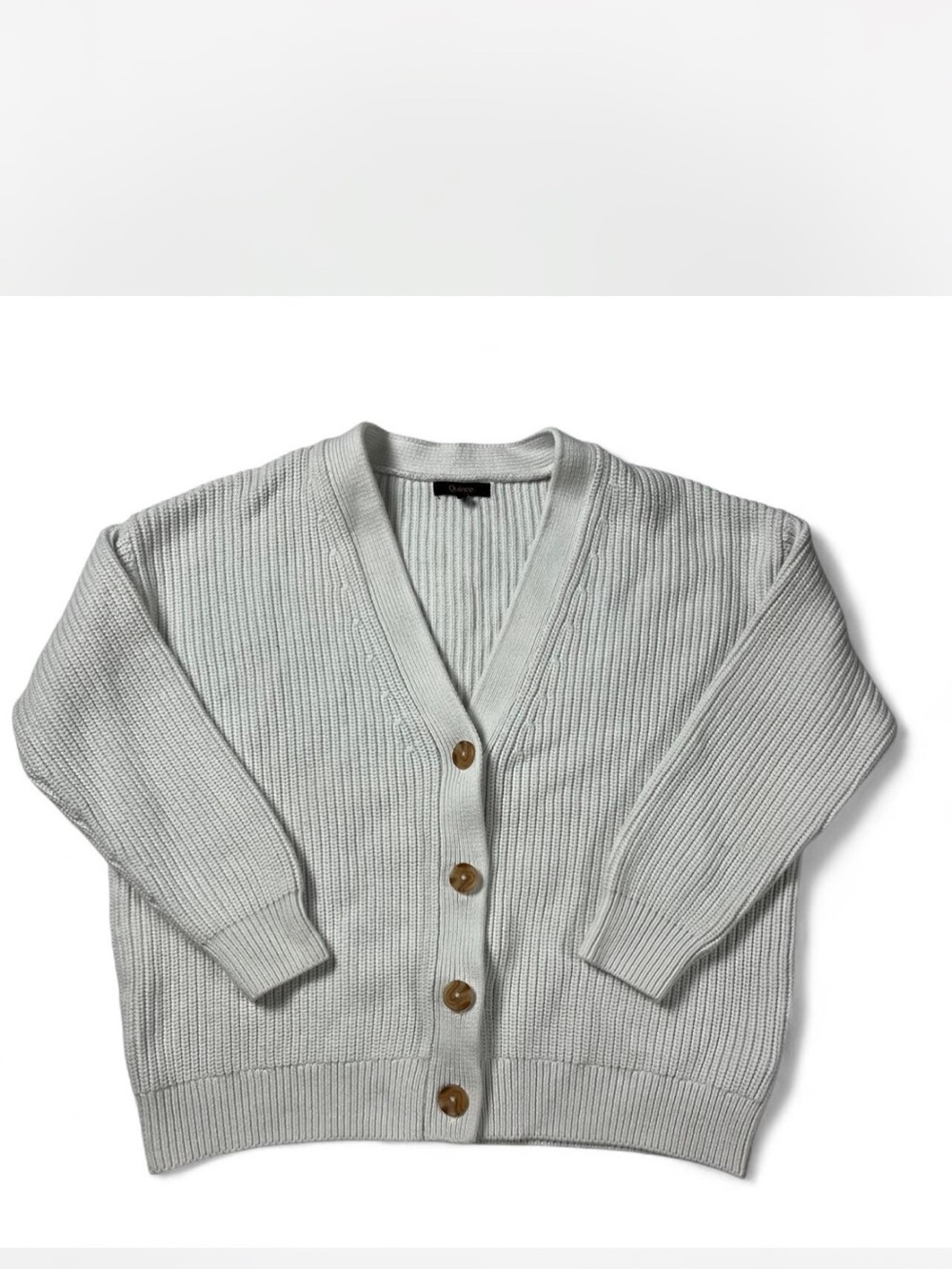 Quince Ivory Ribbed Knit Cardigan Sweater Button V-Neck Long Sleeve Sz S